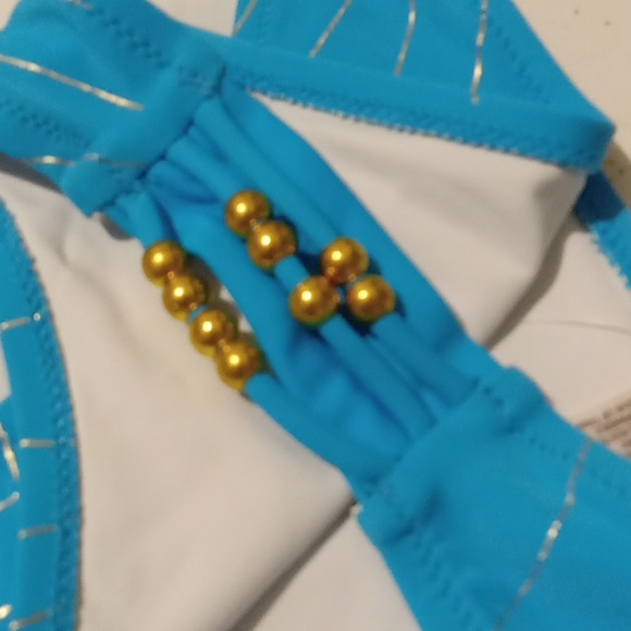 Victoria secret Swim- Teal/Silver Swirl/ One Side Gold Beaded Bikini Bottom-L - Picture 3 of 6